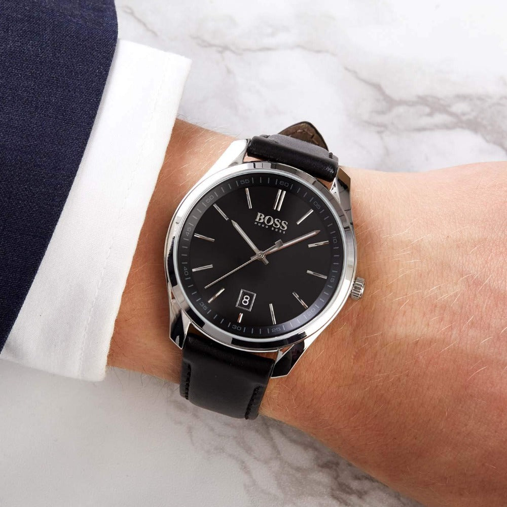 Hugo Boss 1513729 Men's 42mm Black Leather Band Steel Case Quartz Analog Watch