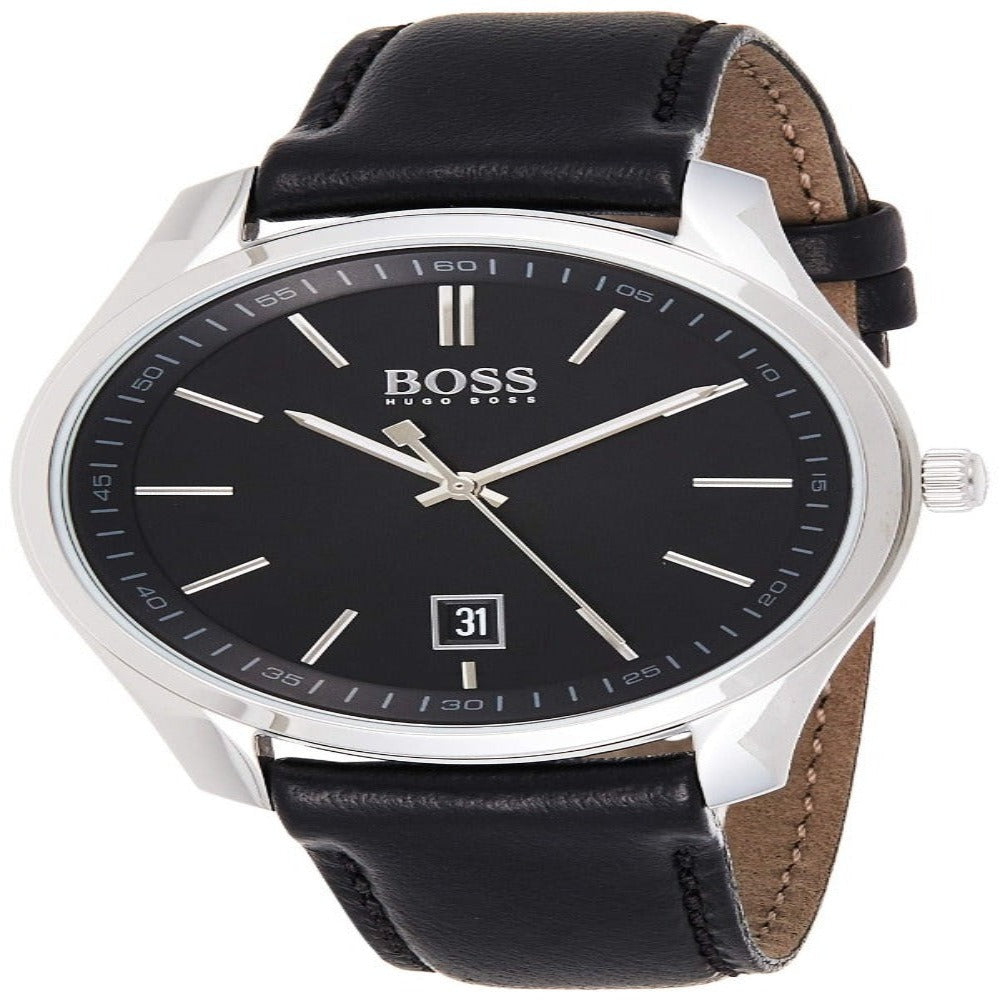 Hugo Boss 1513729 Men's 42mm Black Leather Band Steel Case Quartz Analog Watch