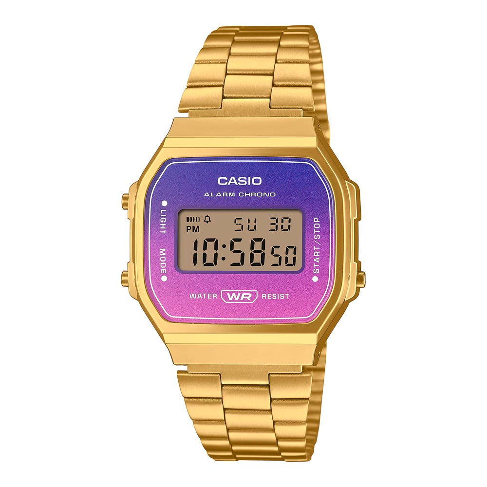 Casio A168WERG-2A Men's Vintage Gold Tone Purple Dial Alarm Chronograph Digital Watch