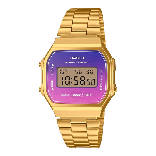 Casio A168WERG-2A Men's Vintage Gold Tone Purple Dial Alarm Chronograph Digital Watch