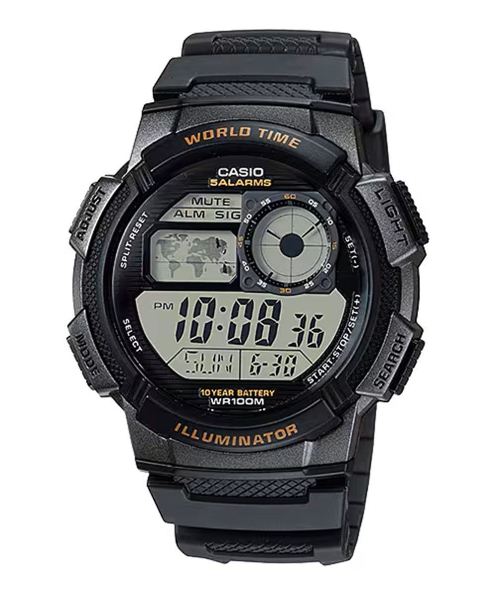 Casio Illuminator AE1000W-1A Men's Sports World Time Quartz Black Resin Watch