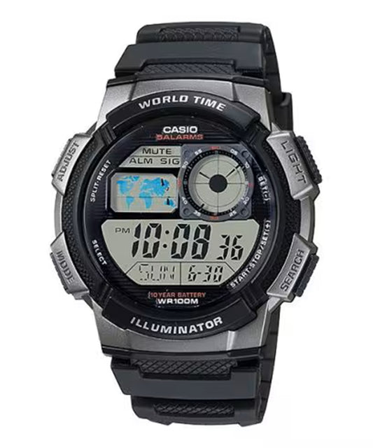Casio Illuminator AE1000W-1B Men's Sports World Time Quartz Black Resin Watch