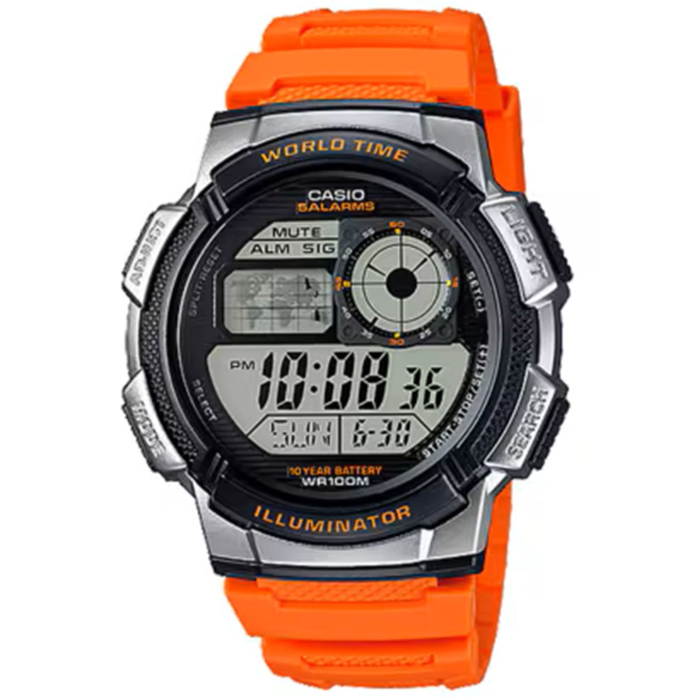 Casio Illuminator AE1000W-4B Men's Sports World Time Quartz Orange and Silver Resin Watch