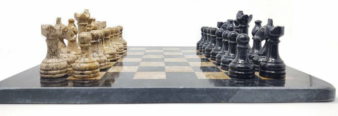 12 Inches Handmade Black and Fossil Coral Full Chess Game Set Staunton and Ambassador Gift Style Marble Tournament Chess Sets - Non Wooden - Not Backgammon