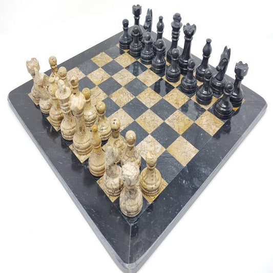 12 Inches Handmade Black and Fossil Coral Full Chess Game Set Staunton and Ambassador Gift Style Marble Tournament Chess Sets - Non Wooden - Not Backgammon