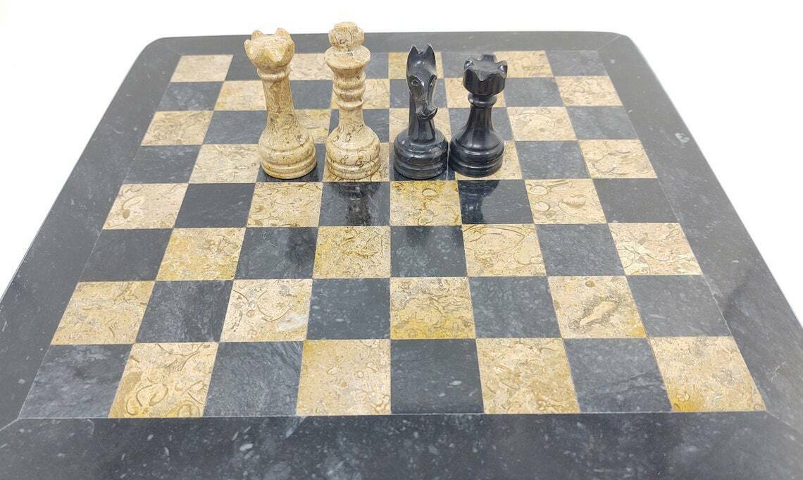 12 Inches Handmade Black and Fossil Coral Full Chess Game Set Staunton and Ambassador Gift Style Marble Tournament Chess Sets - Non Wooden - Not Backgammon