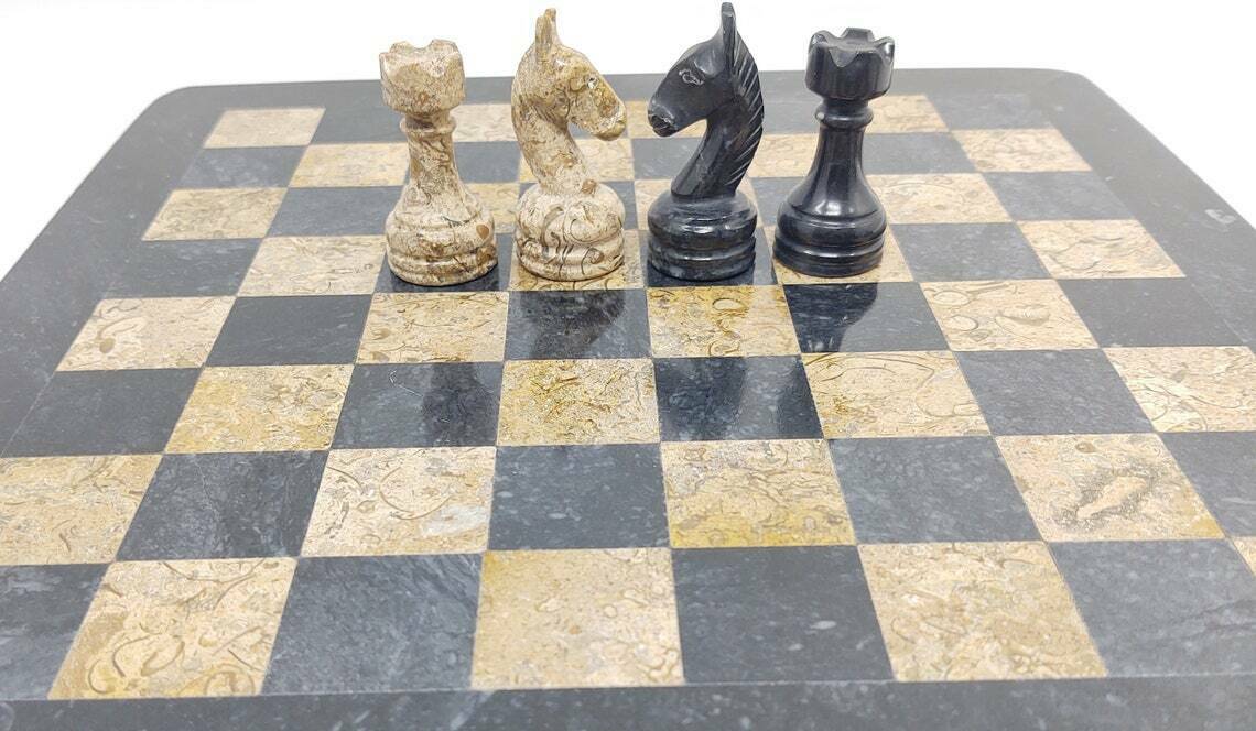 12 Inches Handmade Black and Fossil Coral Full Chess Game Set Staunton and Ambassador Gift Style Marble Tournament Chess Sets - Non Wooden - Not Backgammon